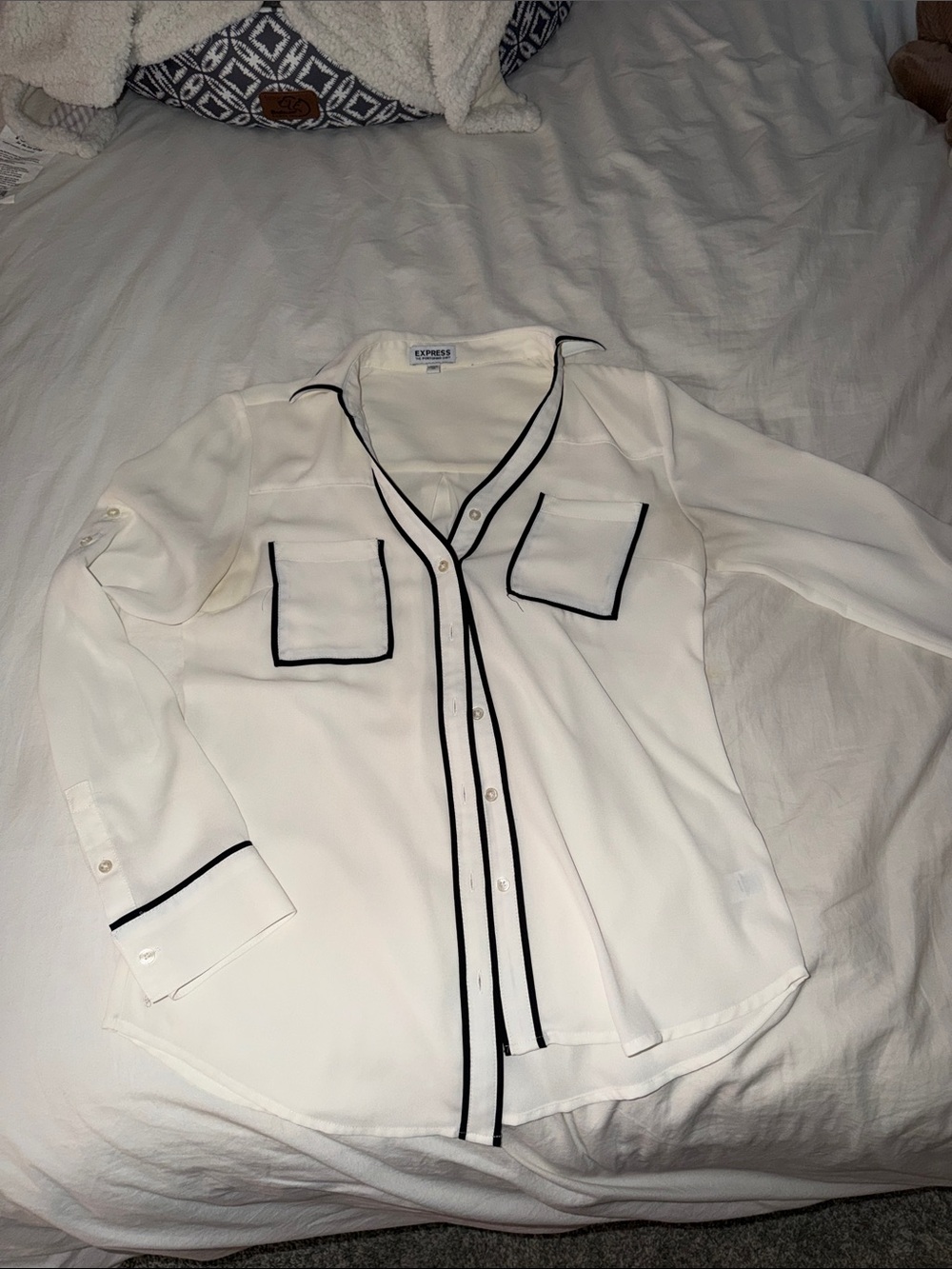 Express White Button-Down Blouse with Black Piping